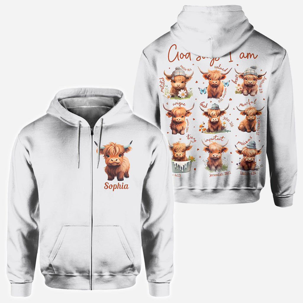 God Says I Am - Personalized Highland Cow All Over Shirt