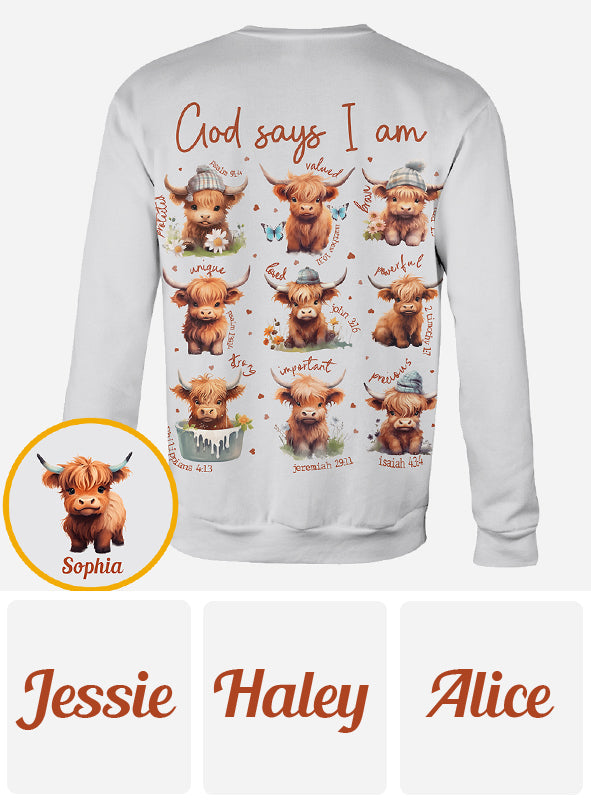 God Says I Am - Personalized Highland Cow All Over Shirt