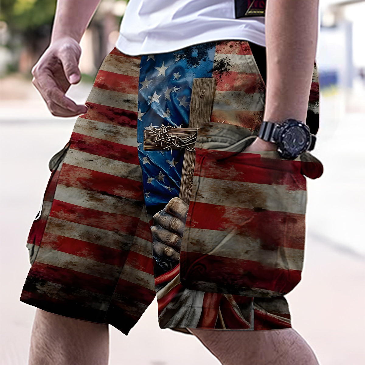 One Nation Under God - Personalized Christian Cargo Shorts With Belt
