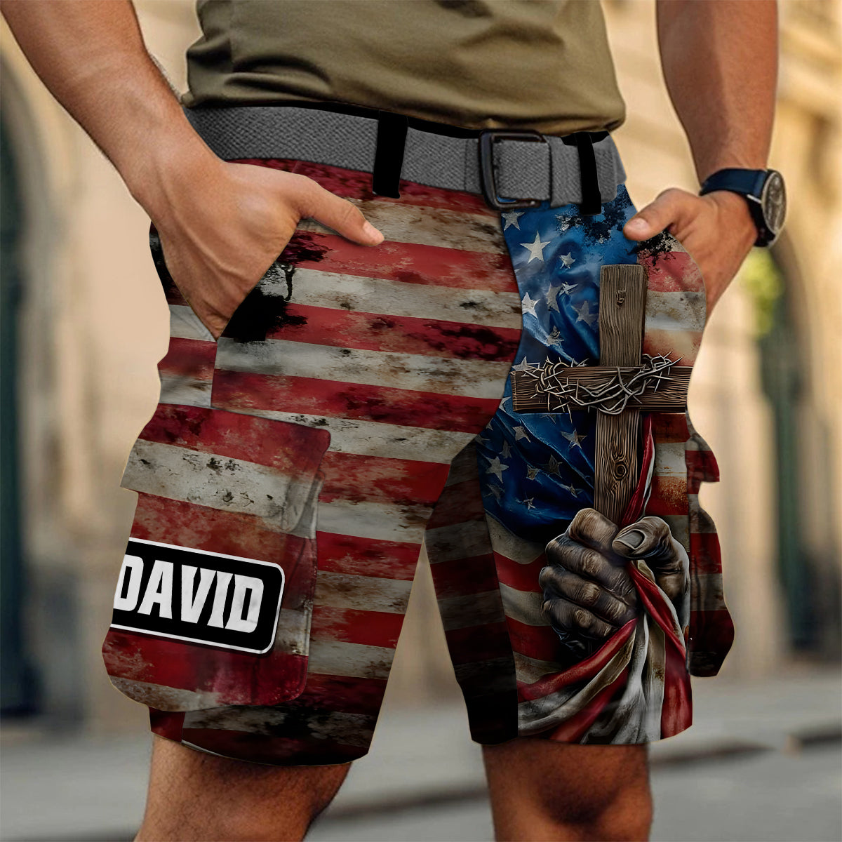 One Nation Under God - Personalized Christian Cargo Shorts With Belt