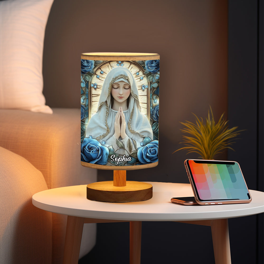 You're Forever Protected By Mary - Personalized Christian Table Lamp with Wood Base