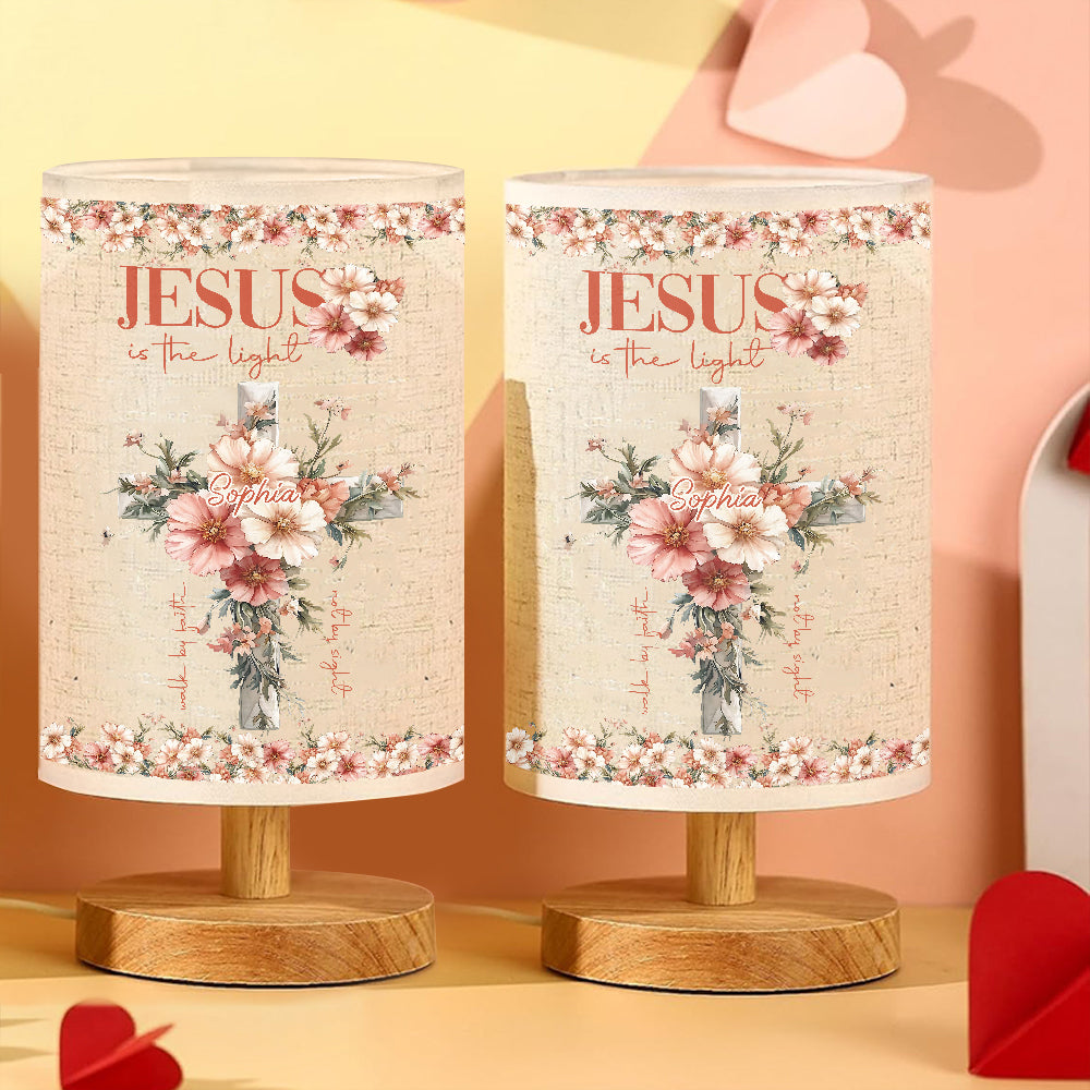 Jesus is the Light - Personalized Christian Table Lamp with Wood Base