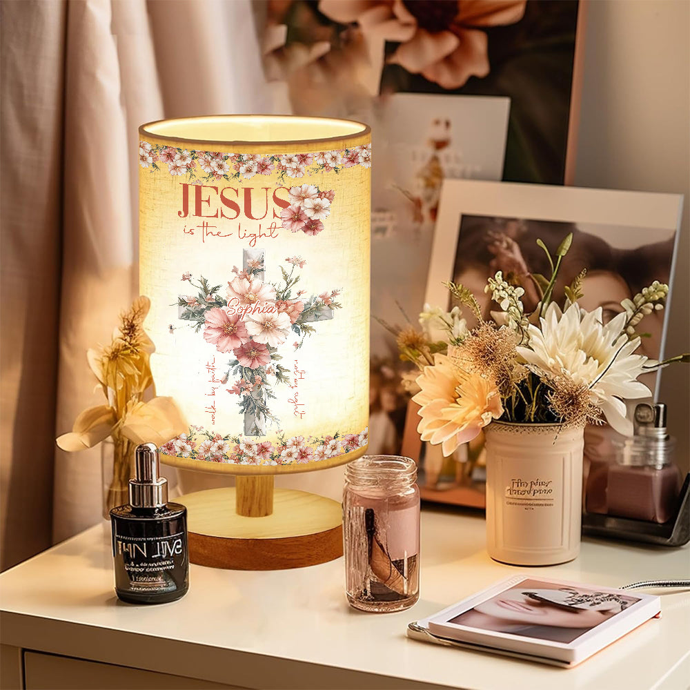 Jesus is the Light - Personalized Christian Table Lamp with Wood Base
