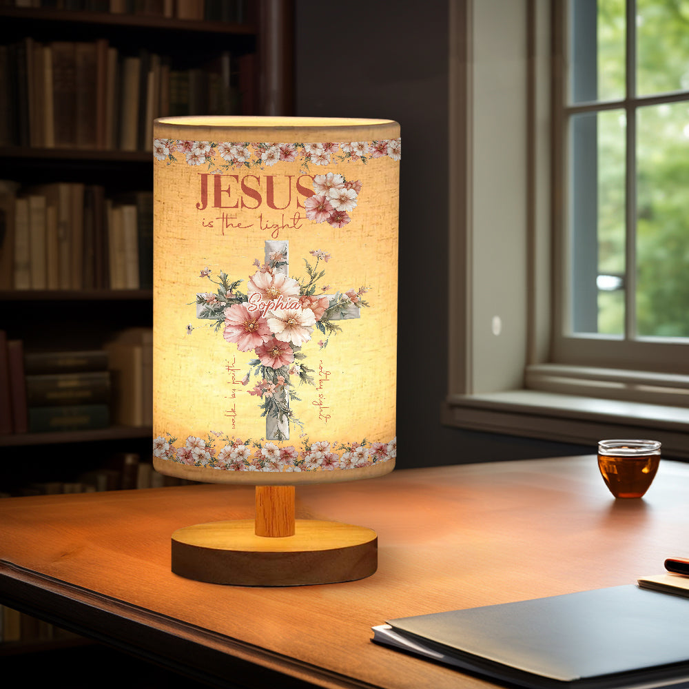 Jesus is the Light - Personalized Christian Table Lamp with Wood Base