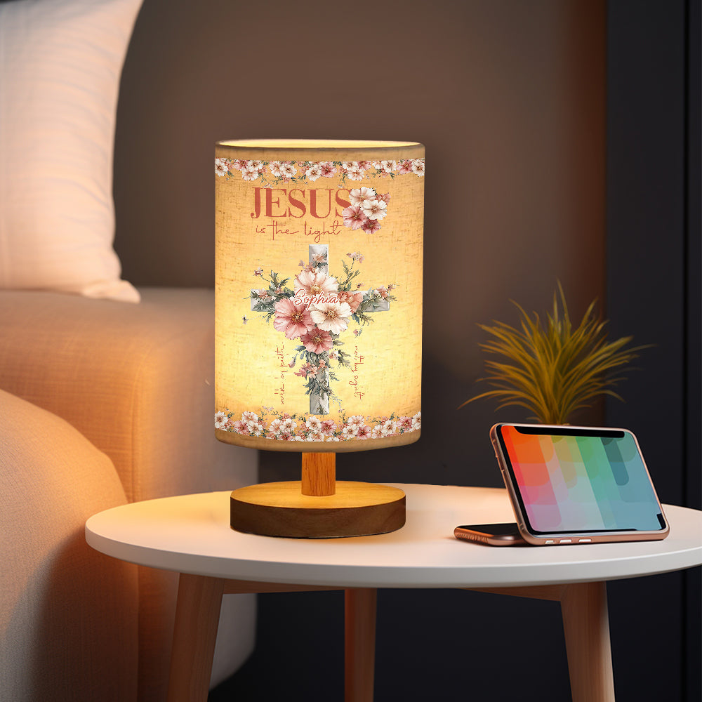 Jesus is the Light - Personalized Christian Table Lamp with Wood Base