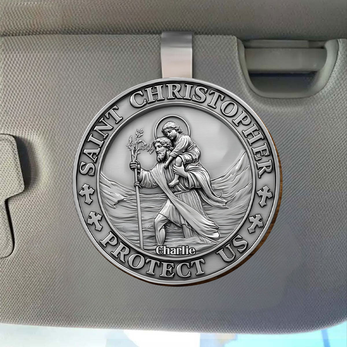 Saint Christopher Protect Us - Personalized Christian Shaped Car Visor Clip