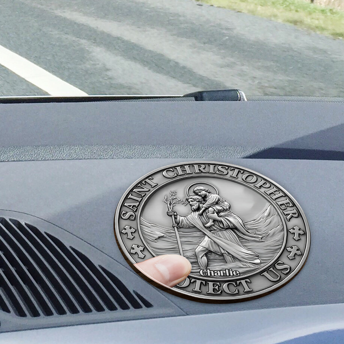 Saint Christopher Protect Us - Personalized Christian Shaped Car Visor Clip
