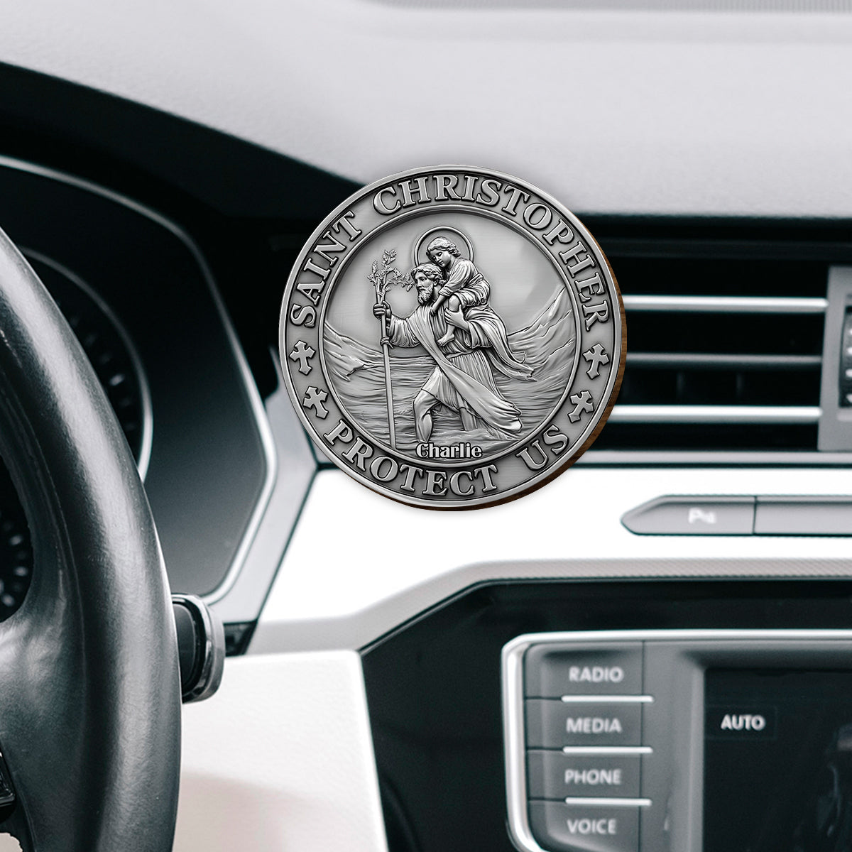 Saint Christopher Protect Us - Personalized Christian Shaped Car Visor Clip