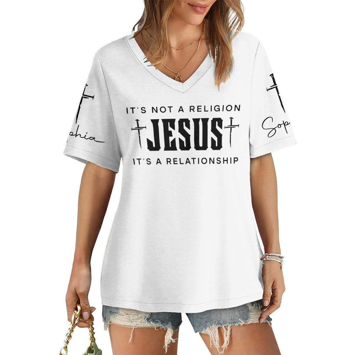 Jesus Has My Back - Personalized Christian Fully Printed V-Neck T-Shirt