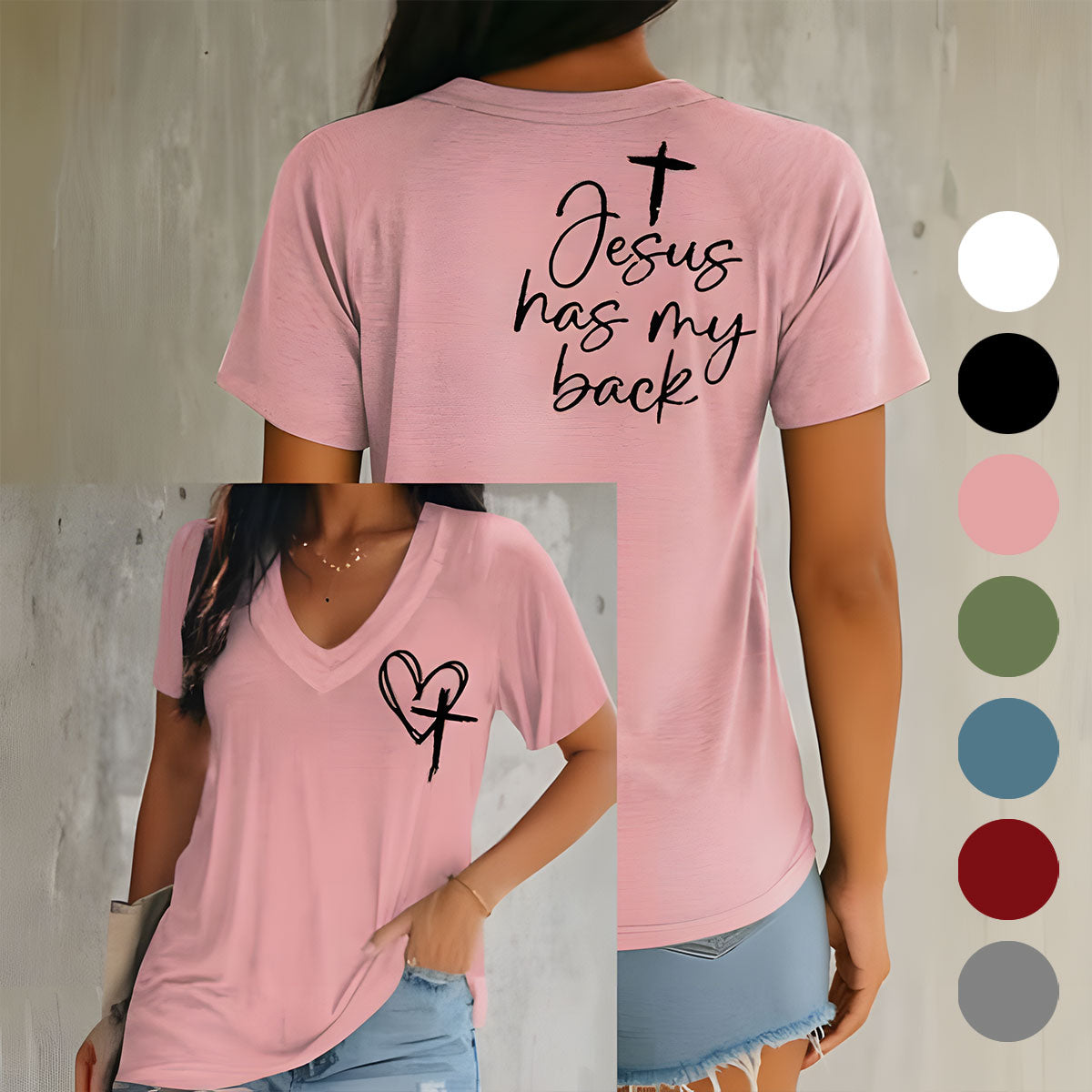Jesus Has My Back - Personalized Christian Fully Printed V-Neck T-Shirt