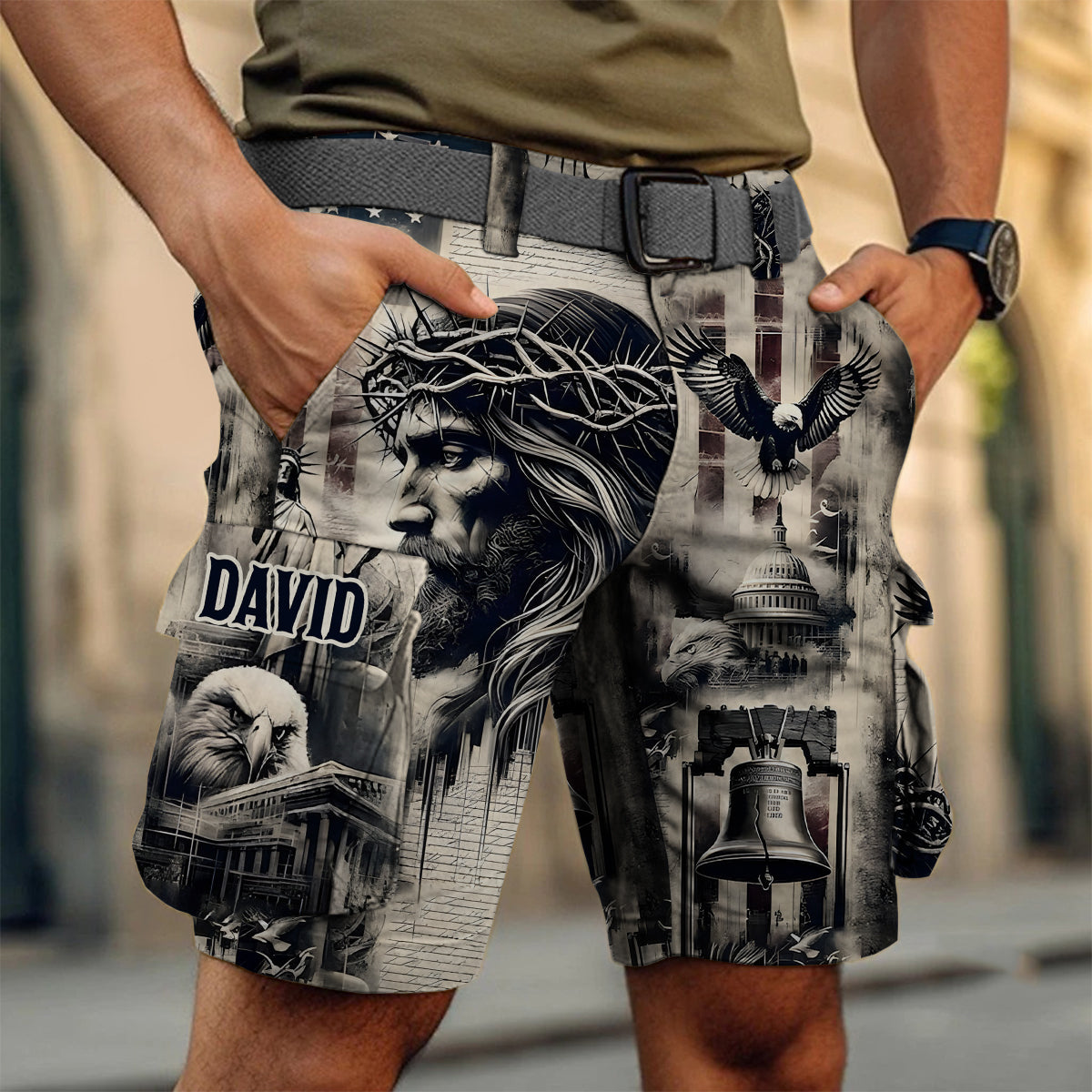 One Nation Under God - Personalized Christian Cargo Shorts With Belt