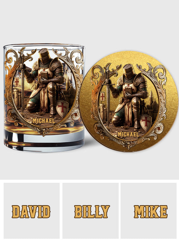 Kneeling Crusader Knight With Sword & Bible - Personalized Christian Whiskey Glass