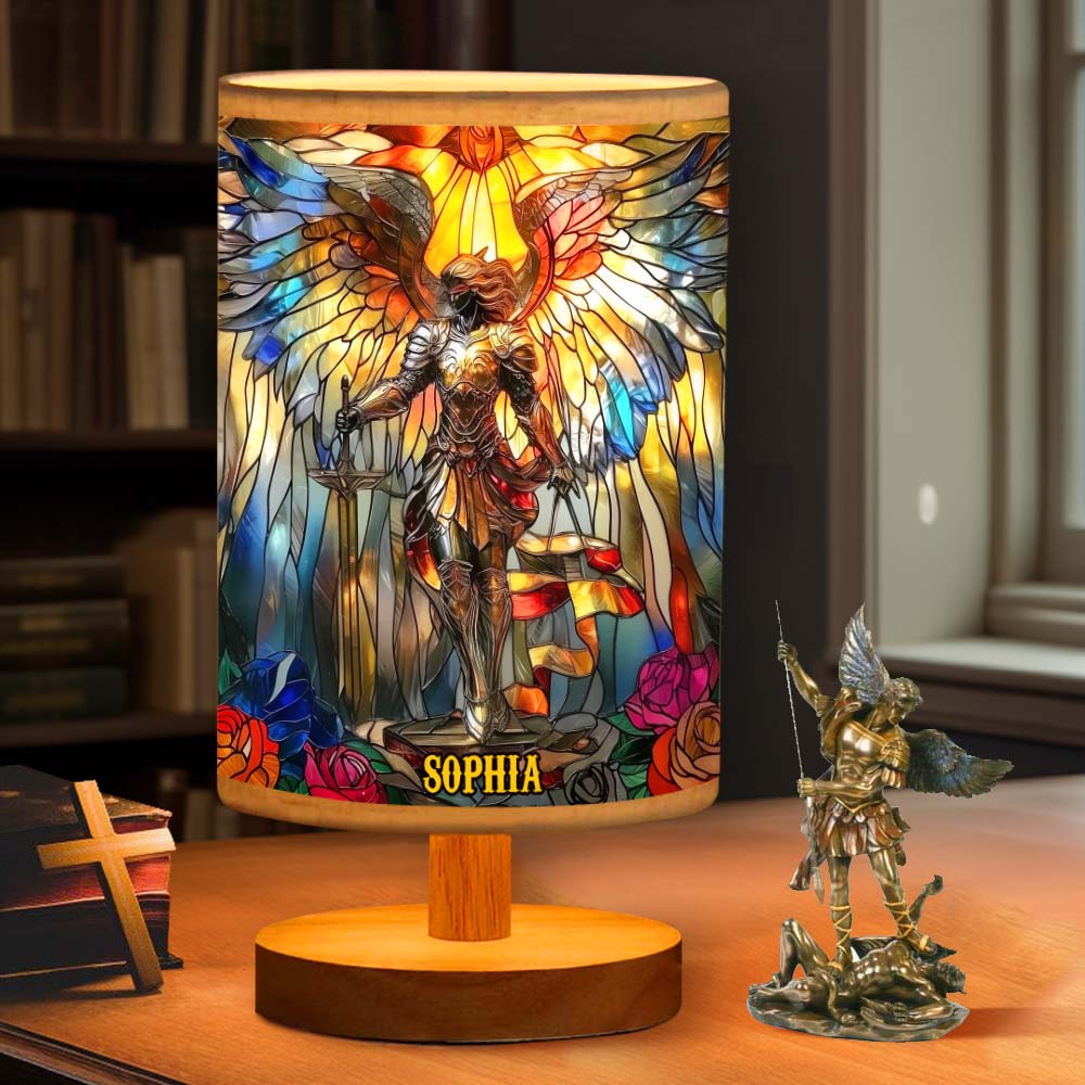 Archangel Michael - Personalized Christian Table Lamp with Wood Base
