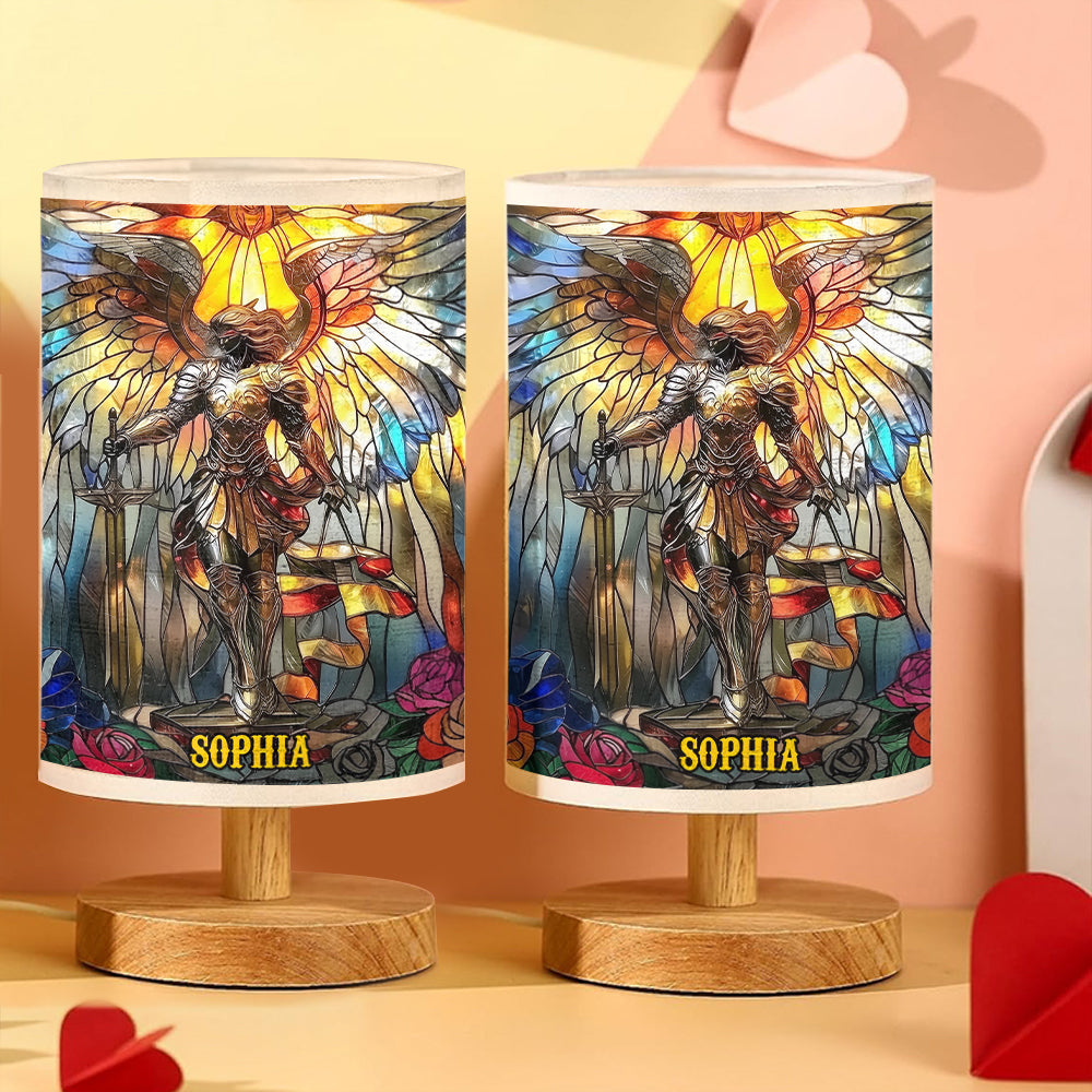 Archangel Michael - Personalized Christian Table Lamp with Wood Base