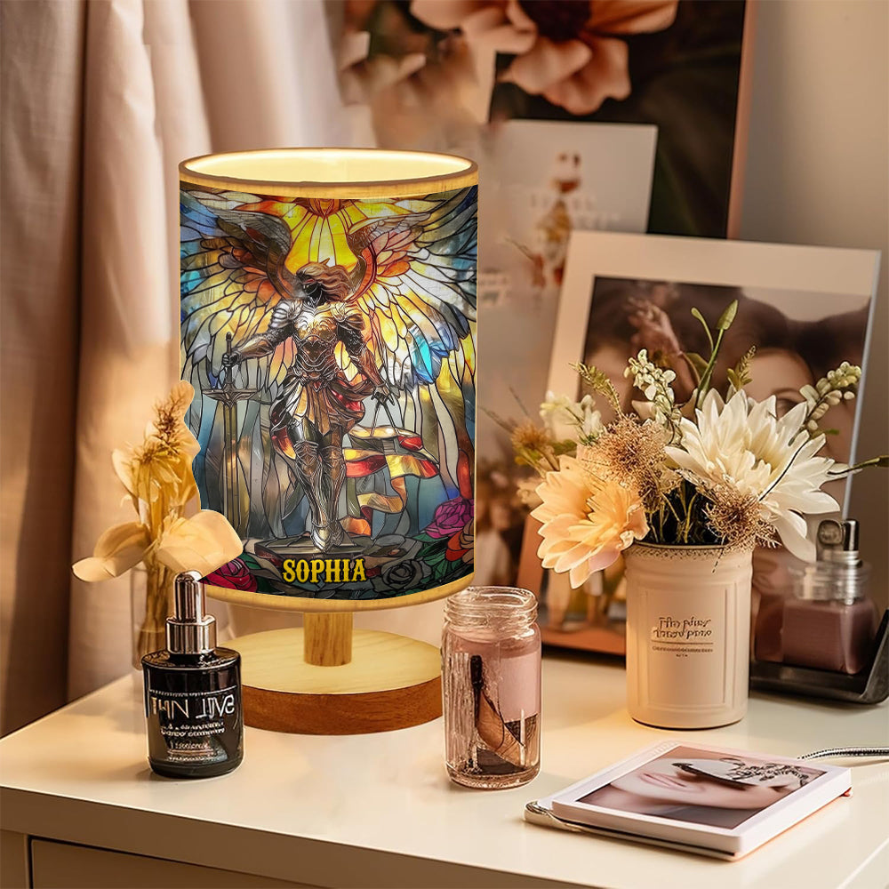 Archangel Michael - Personalized Christian Table Lamp with Wood Base