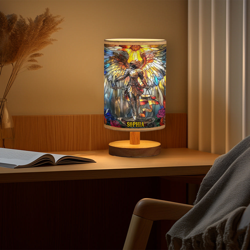 Archangel Michael - Personalized Christian Table Lamp with Wood Base