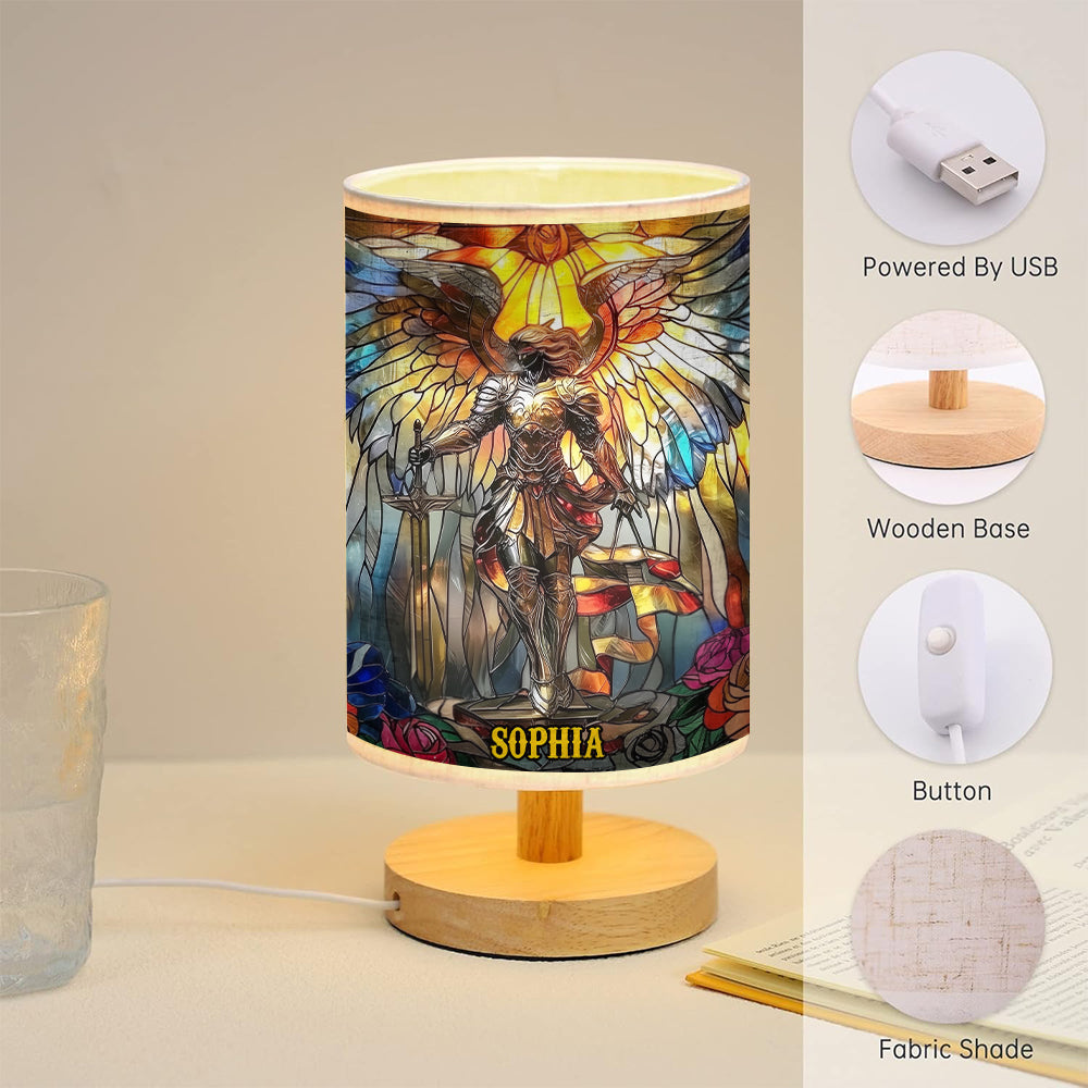 Archangel Michael - Personalized Christian Table Lamp with Wood Base