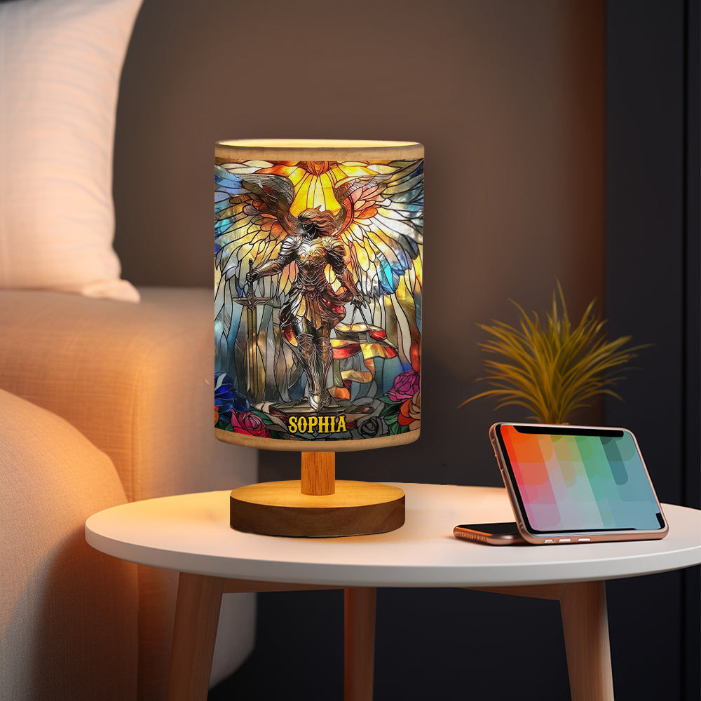 Archangel Michael - Personalized Christian Table Lamp with Wood Base