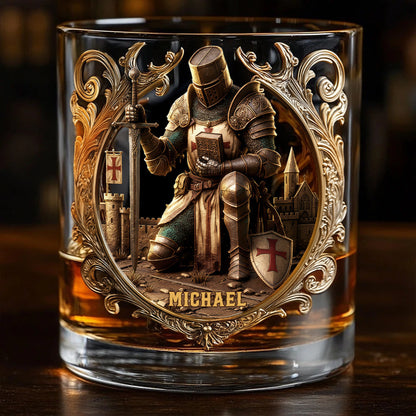 Kneeling Crusader Knight With Sword & Bible - Personalized Christian Whiskey Glass