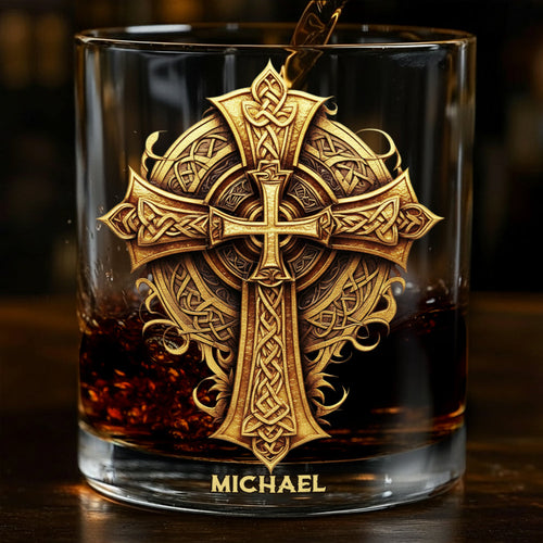 Christmas Golden Celtic Cross - Ornate Faith Decor & Spiritual Gift for Loved Ones - Personalized Christian Whiskey Glass