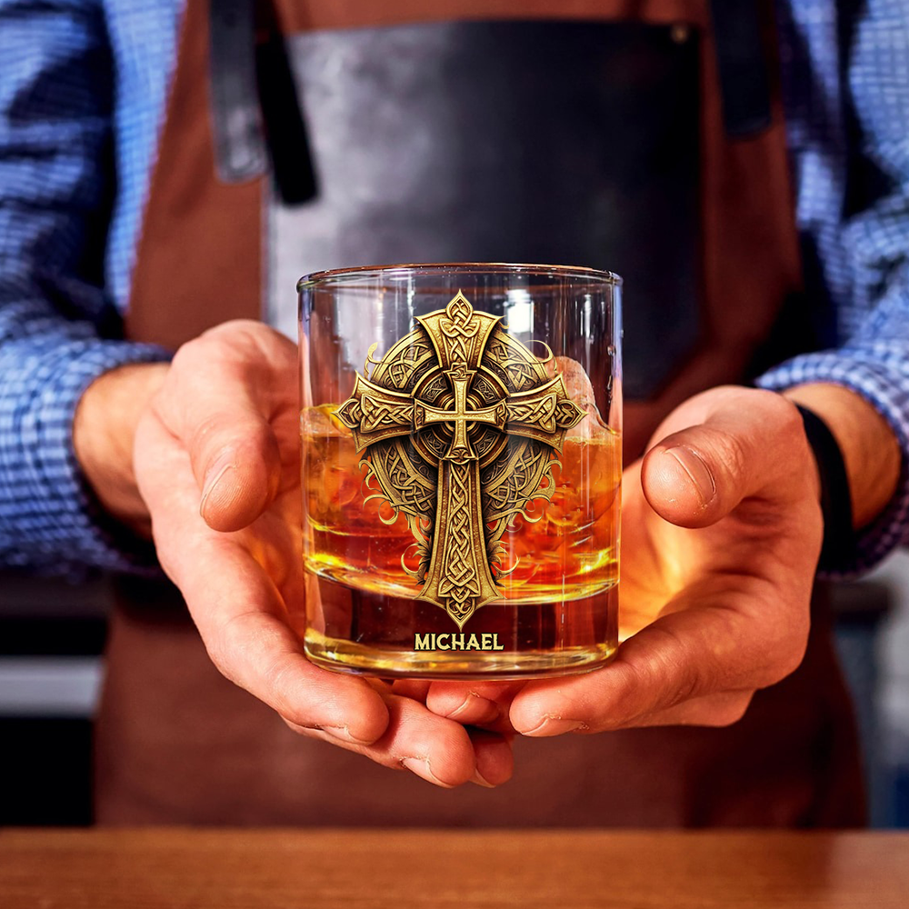 Christmas Golden Celtic Cross - Ornate Faith Decor & Spiritual Gift for Loved Ones - Personalized Christian Whiskey Glass