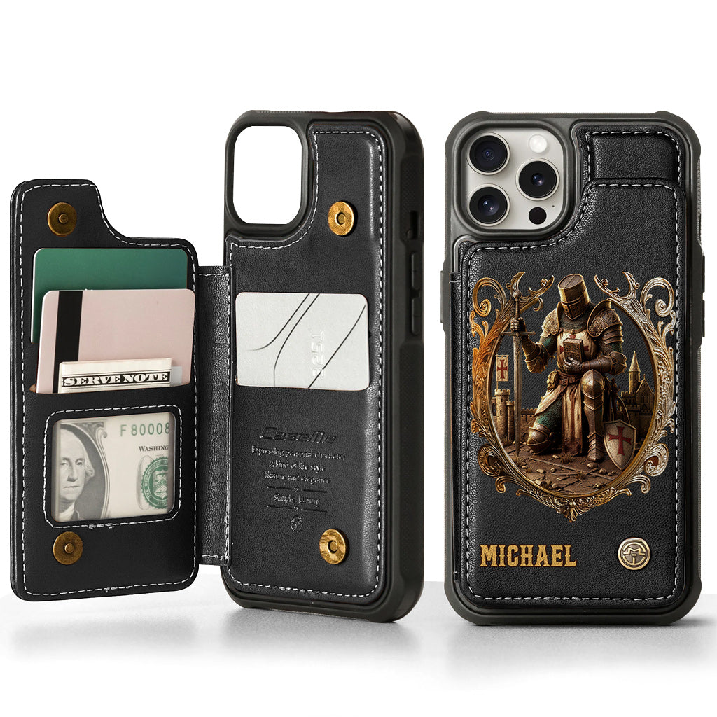 Kneeling Crusader Knight With Sword & Bible - Personalized Christian Wallet Phone Case