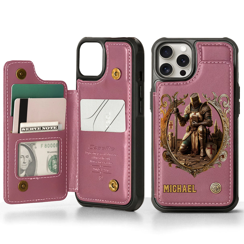 Kneeling Crusader Knight With Sword & Bible - Personalized Christian Wallet Phone Case
