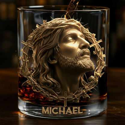 Christmas Jesus Christ Face with Crown of Thorns - Inspirational Religious Art for Christian Gifting - Personalized Christian Whiskey Glass