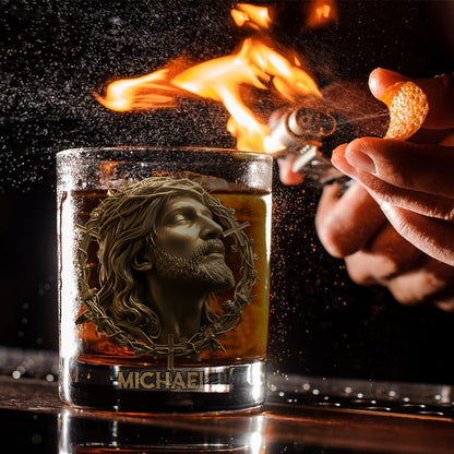 Christmas Jesus Christ Face with Crown of Thorns - Inspirational Religious Art for Christian Gifting - Personalized Christian Whiskey Glass