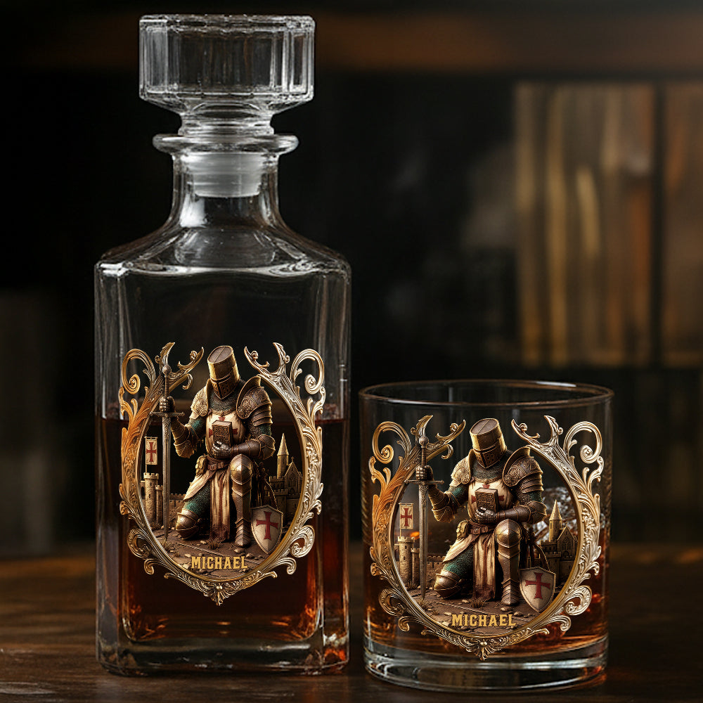 Kneeling Crusader Knight With Sword & Bible - Personalized Christian Whiskey Glass