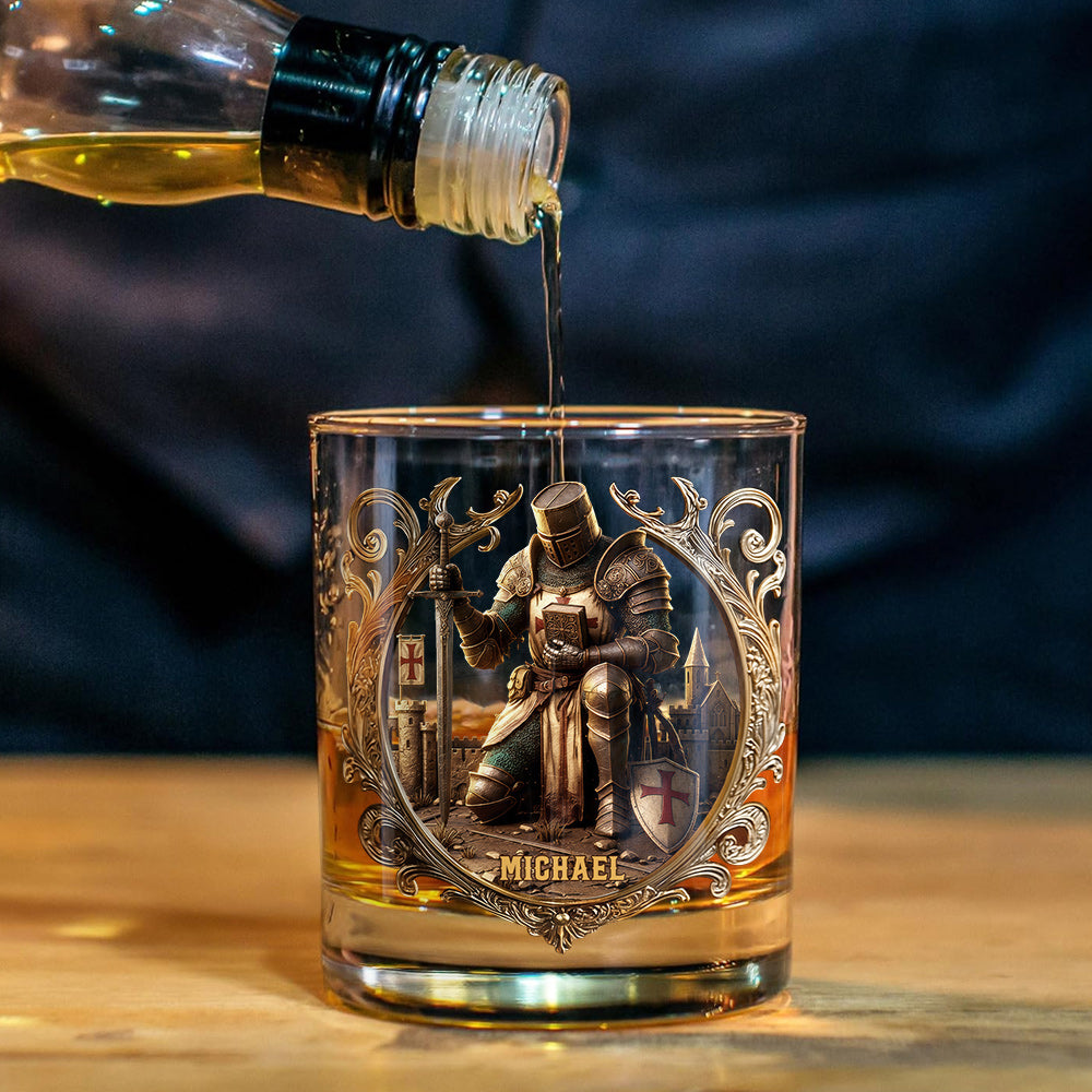 Kneeling Crusader Knight With Sword & Bible - Personalized Christian Whiskey Glass