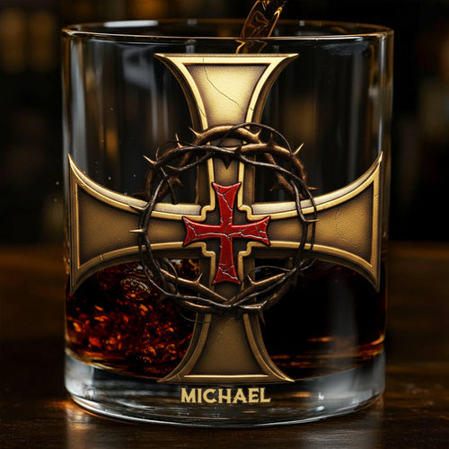Christmas Golden Cross Crown of Thorns - Personalized Christian Whiskey Glass
