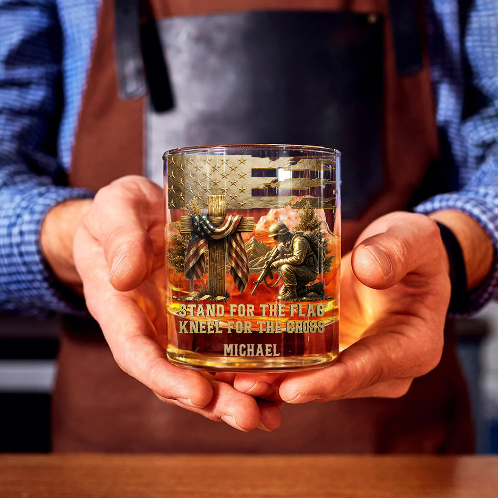 Stand for The Flag Kneel for The Cross - Personalized Christian Whiskey Glass