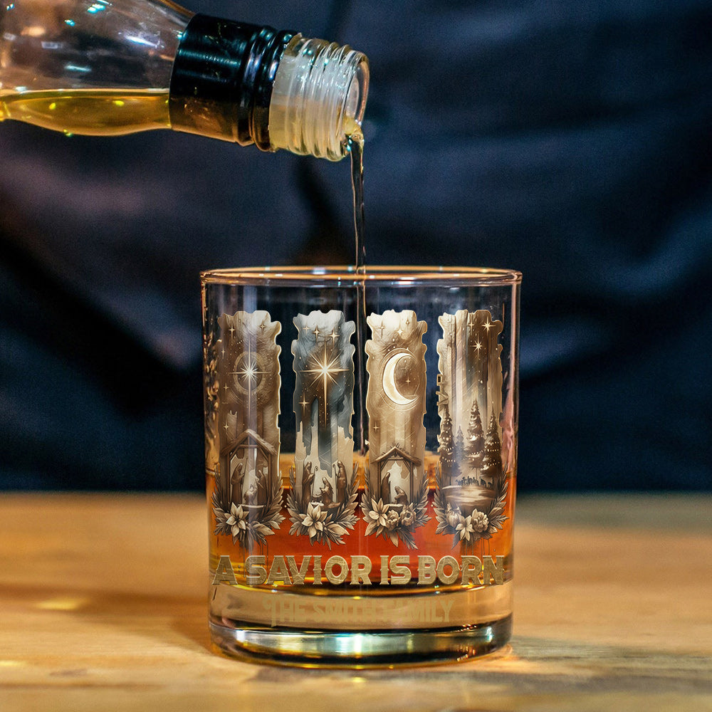 Merry Christmas "A Savior Is Born" Sublimation Whiskey Glass - Inspiring Nativity Scene Spiritual Gift for Christian Men - Personalized Christian Whiskey Glass