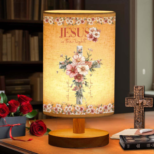 Jesus is the Light - Personalized Christian Table Lamp with Wood Base