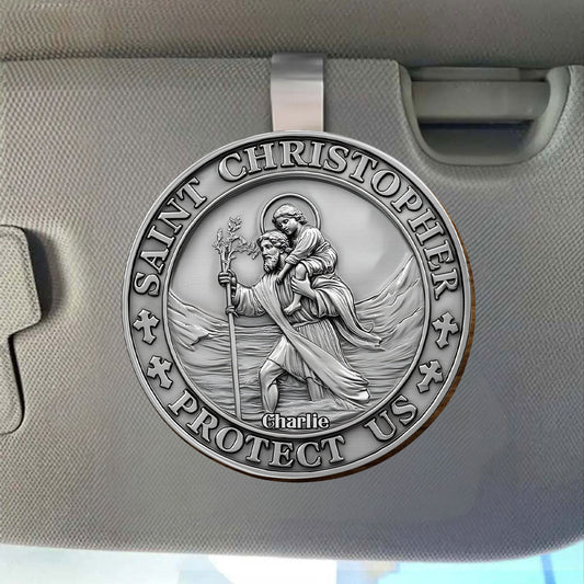 Saint Christopher Protect Us - Personalized Christian Shaped Car Visor Clip