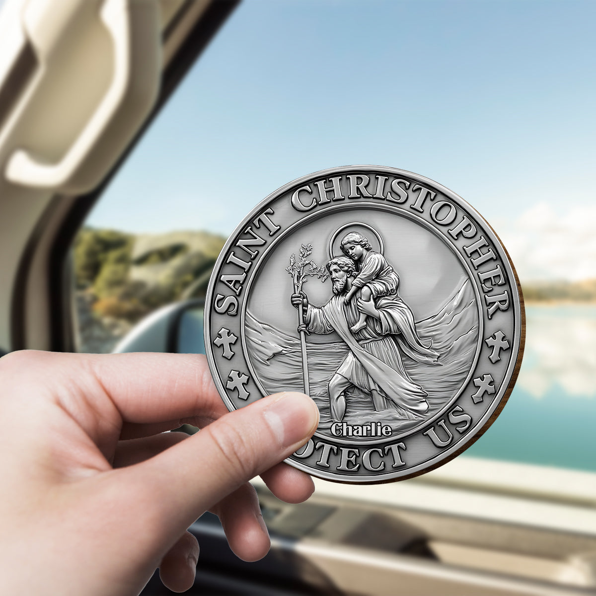 Saint Christopher Protect Us - Personalized Christian Shaped Car Visor Clip