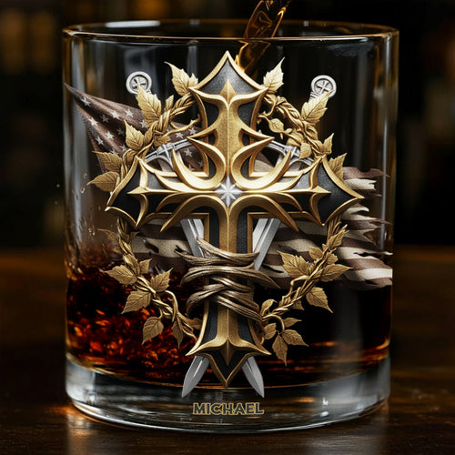 Festive Intricate Patriotic Christian Emblem - Personalized Christian Whiskey Glass
