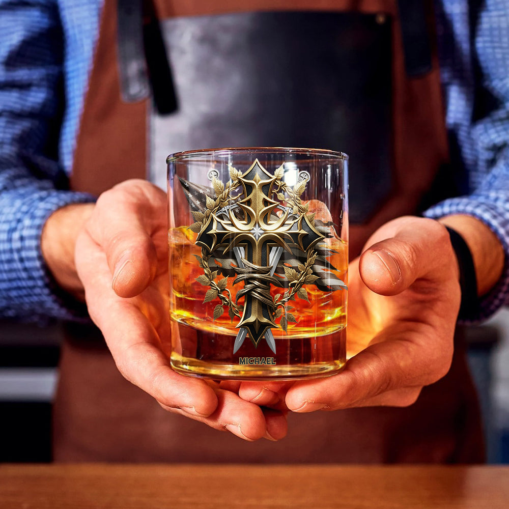 Festive Intricate Patriotic Christian Emblem - Personalized Christian Whiskey Glass