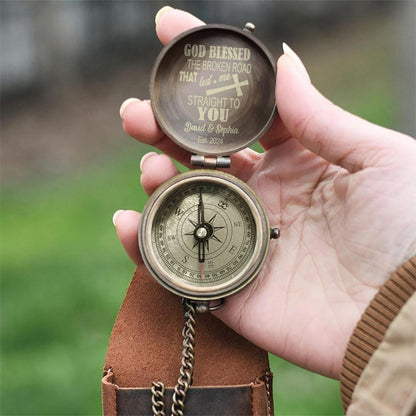 God Blessed The Broken Road - Personalized Couple Compass