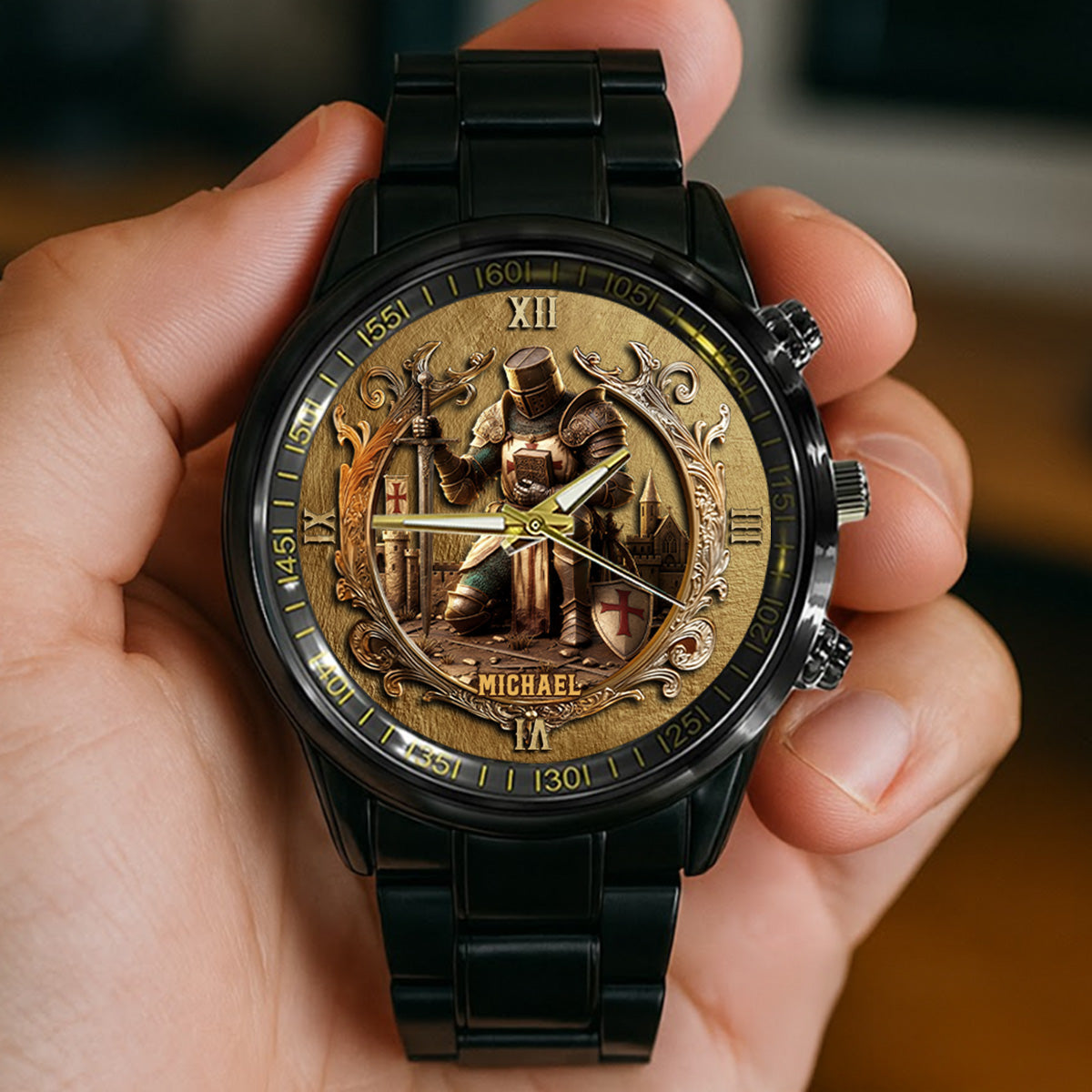 Kneeling Crusader Knight With Sword & Bible - Personalized Christian Hand Watch