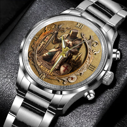 Kneeling Crusader Knight With Sword & Bible - Personalized Christian Hand Watch