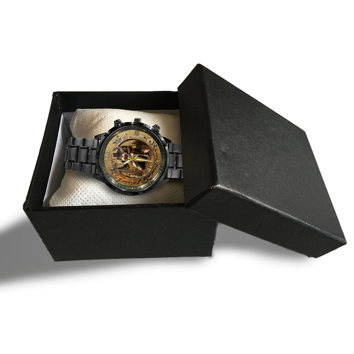 Kneeling Crusader Knight With Sword & Bible - Personalized Christian Hand Watch