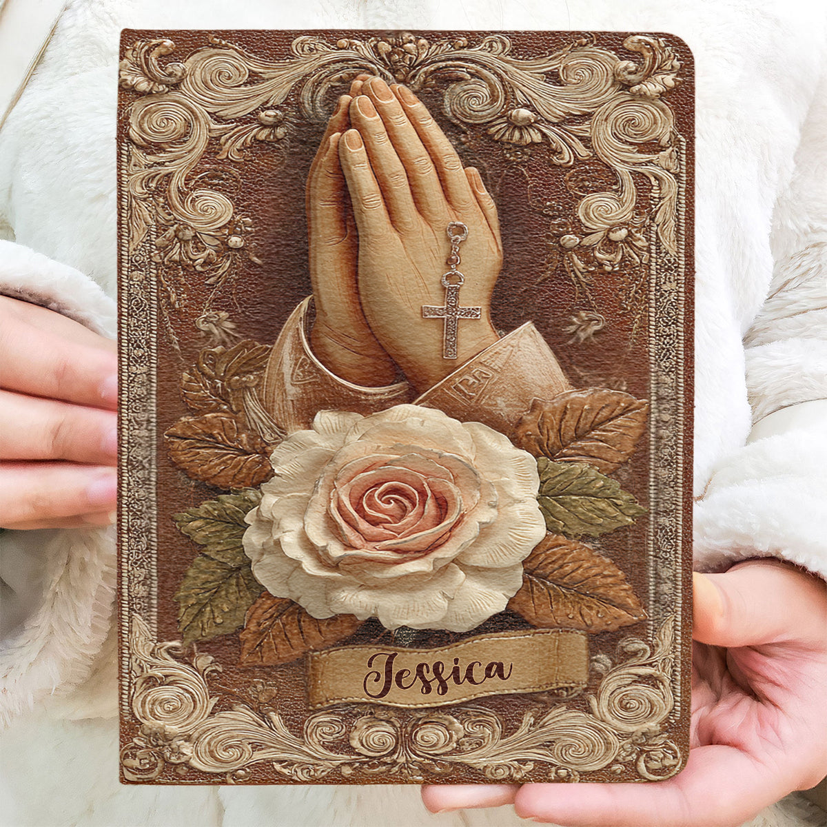 Praying Hands With Roses - Personalized Christian Leather Journal