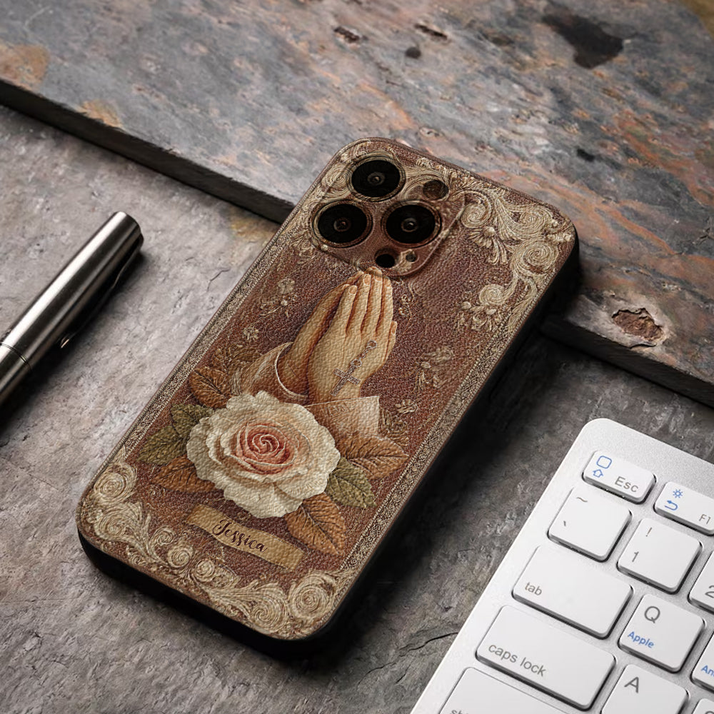 Praying Hands With Roses - Personalized Christian Leather Phone Case