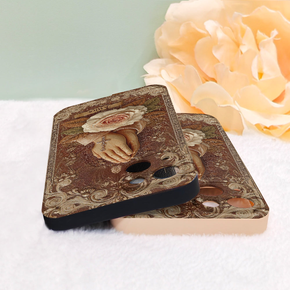 Praying Hands With Roses - Personalized Christian Leather Phone Case