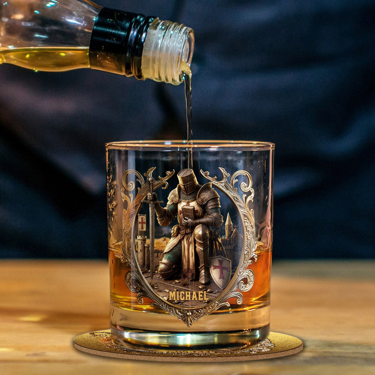 Kneeling Crusader Knight With Sword & Bible - Personalized Christian Whiskey Glass