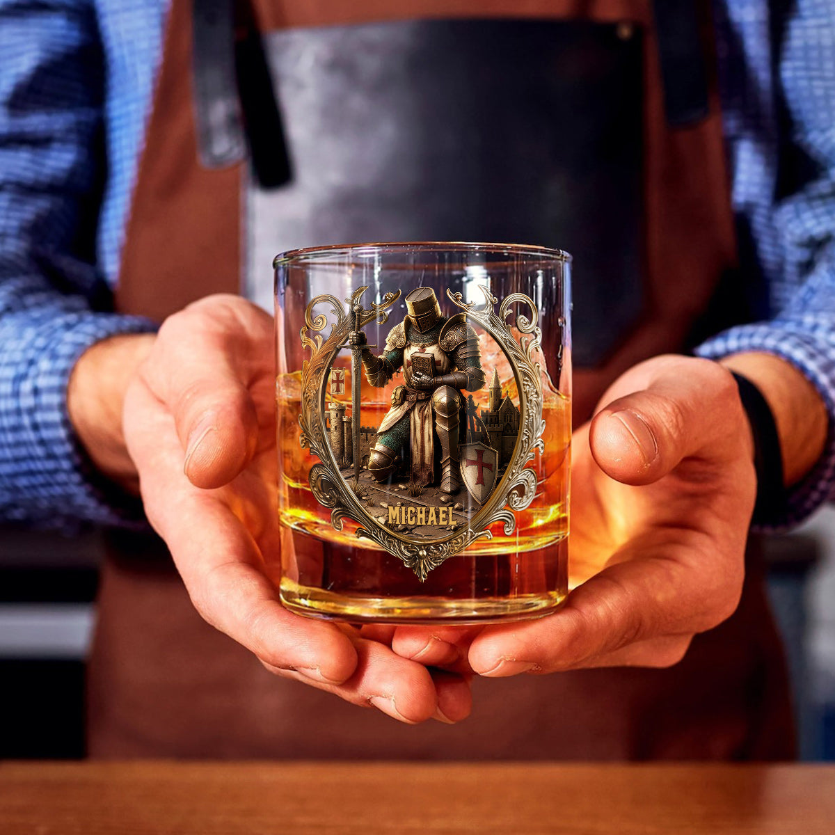 Kneeling Crusader Knight With Sword & Bible - Personalized Christian Whiskey Glass