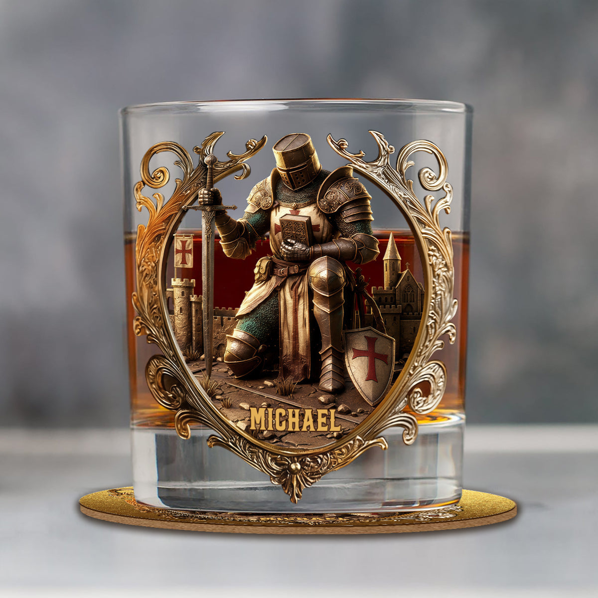 Kneeling Crusader Knight With Sword & Bible - Personalized Christian Whiskey Glass