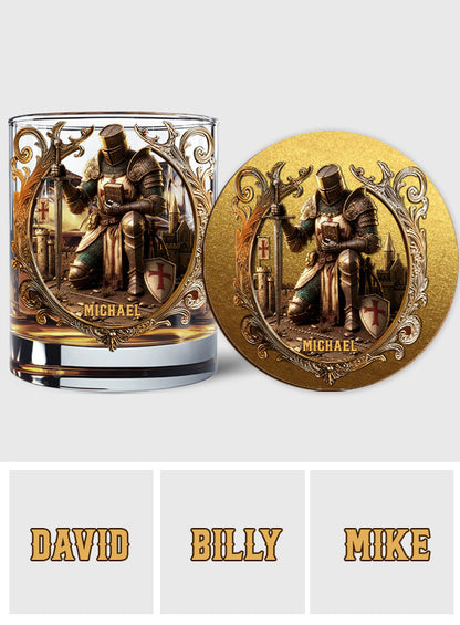Kneeling Crusader Knight With Sword & Bible - Personalized Christian Whiskey Glass